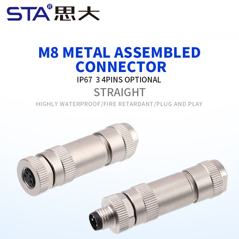 Прямой металлический разъем M8 (папа/мама) с винтовыми клеммами, 3/4 контакта