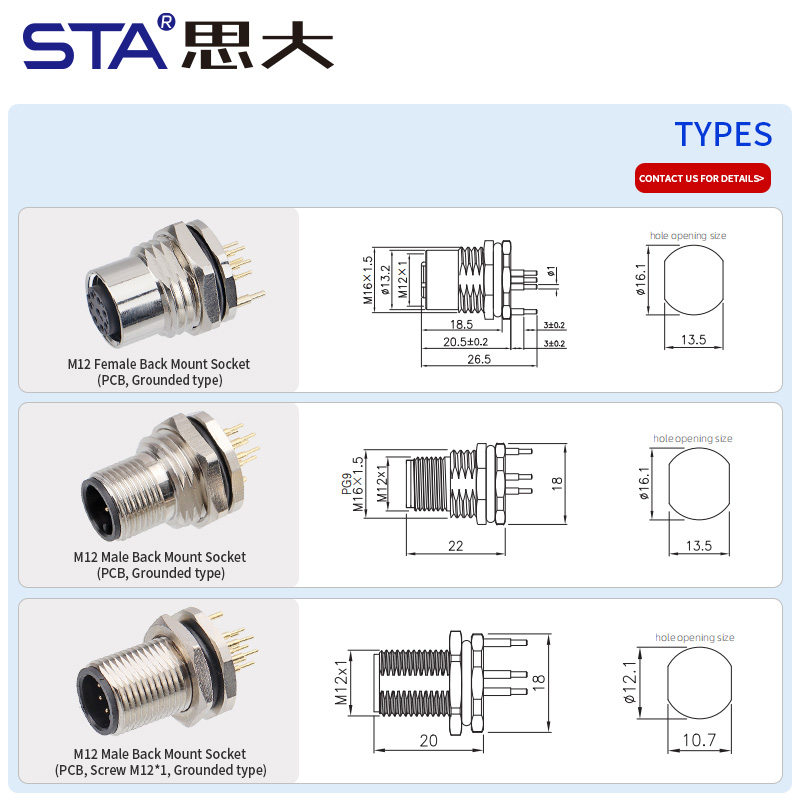 M12 PCB Разъём с Заземлением, Задний Монтаж, Металлический Корпус