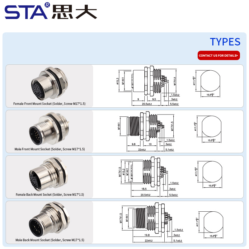 Авиационный штекер M14 для переднего/заднего монтажа, металлический, для пайки, штекер/гнездо, 18 контактов, винт M17*1.5, круглый разъем.
