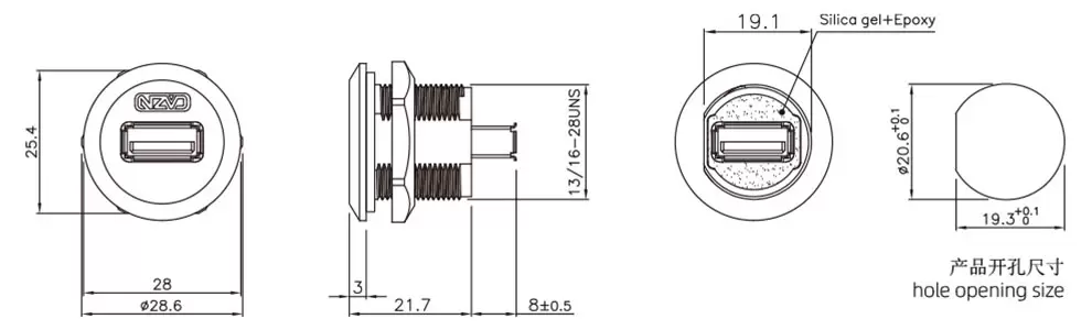 EP-USB Panel front installation of dual female socket(Threaded)