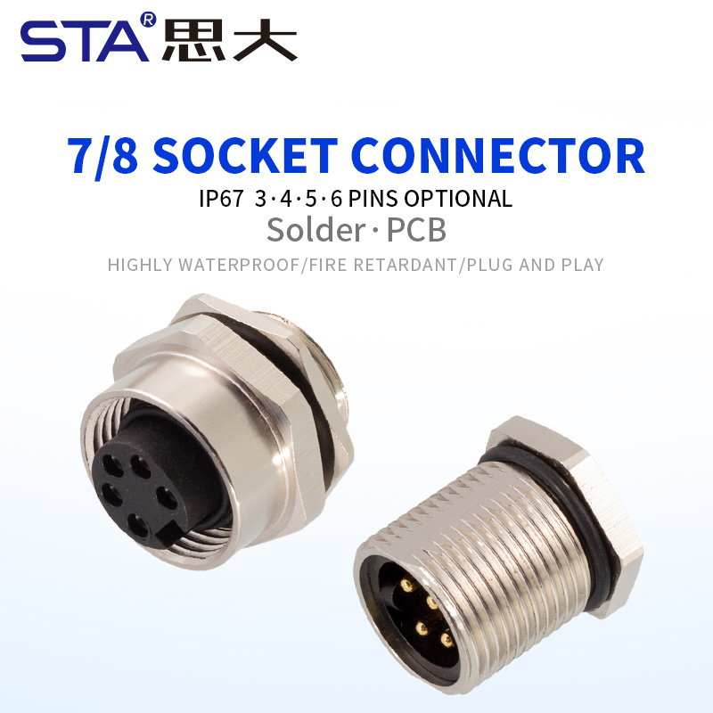 7/8 IP67 металлический панельный подключением пайкой или PCB разъём 3–6 pin
