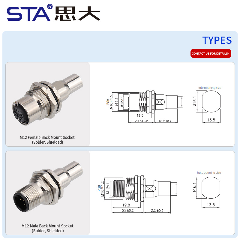 M12 металлический задний монтажный разъём с пайкой и экранирующей трубкой
