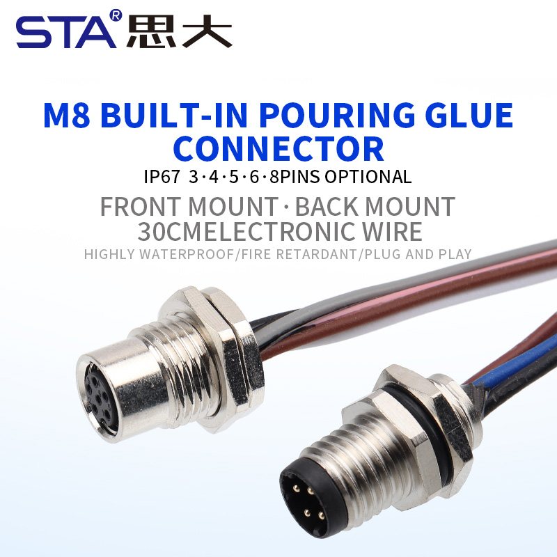 Водонепроницаемый встроенный клеевой разъем M8 IP67 с заливкой, креплением спереди/сзади, с проводом длиной 30 см