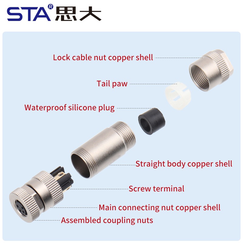 Прямой металлический разъем M8 (папа/мама) с винтовыми клеммами, 3/4 контакта