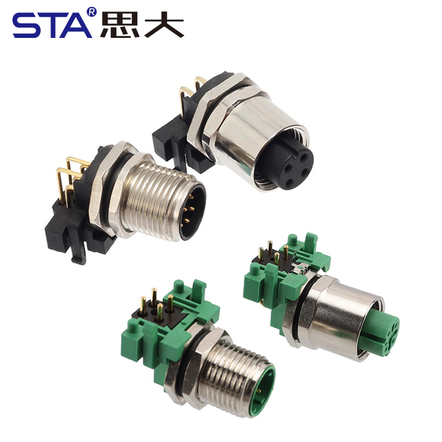 M12 Угловой PCB Разъём, Заземлённый/Незаземлённый, 2–12 Контактов