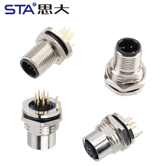 M12 PCB Разъём с Заземлением, Задний Монтаж, Металлический Корпус