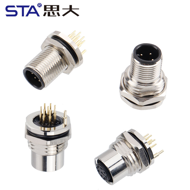 M12 PCB Разъём с Заземлением, Задний Монтаж, Металлический Корпус