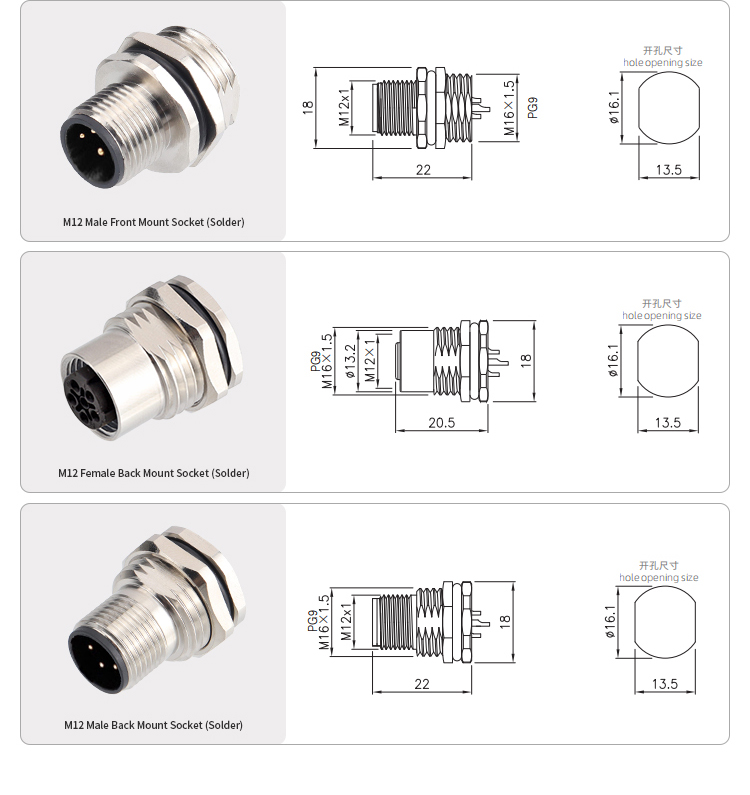M12 C-Code Круглые Водонепроницаемые Разъёмы — Панельные Solder/PCB Гнёзда, Прямые/Угловые Штекеры, Литые Кабели PVC/TPU