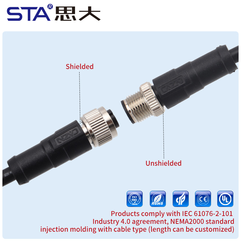 M12 Неэкранированный Литой Прямой/Угловой Разъём с Кабелем PVC/TPU