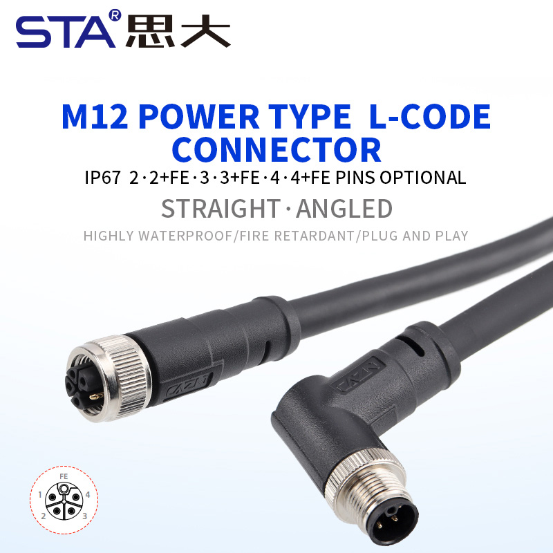 Прямой/угловой литой штекерный соединитель M12 Power Type L-Coded IP67