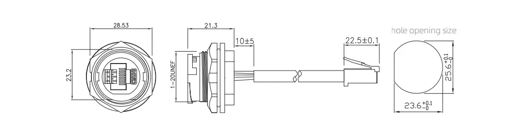 RJ45 Female Back Mount Receptacle with wire Glued (Bayonet)
