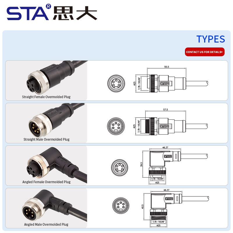 7/8 IP67 неэкранированный кабельный литой авиационный разъём 