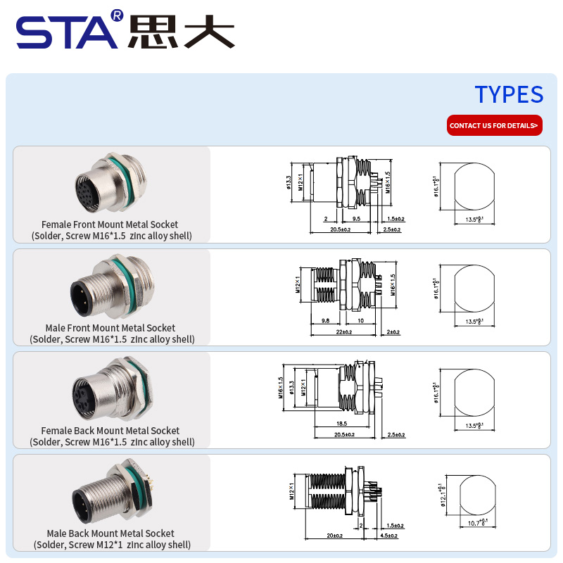 Водонепроницаемый авиационный штекер M12 IP67 для пайки/печатных плат, цинковый сплав, штекер/гнездо, передний/задний монтажный разъем