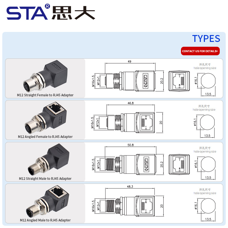 M12–RJ45 Промышленный Сетевой Разъём | Прямой/Угловой A/D Код
