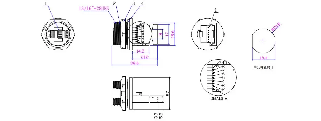 RJ45 Female Board Rear Single Ethernet Port Tailplate Socket with Terminals (Threaded)