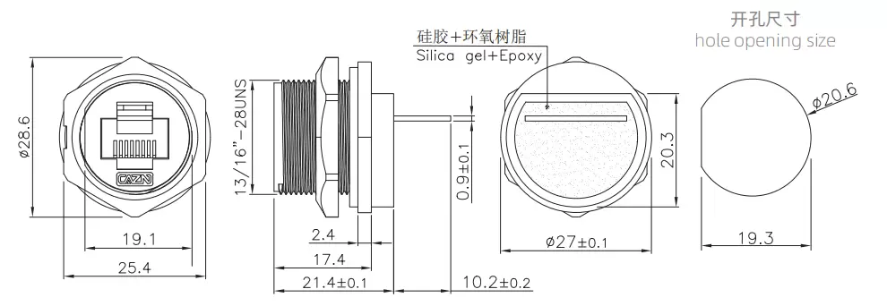 RJ45 Female Back Mount Receptacle with wire(Threaded) (External welding plate)