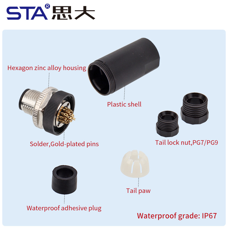 M12 паяный разъём с металлическим цинковым корпусом и пластиковым сборочным хвостовиком PG7/PG9 — прямой штекер