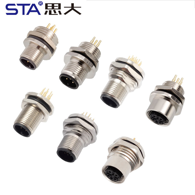 M12 металлический PCB-разъём переднего/заднего монтажа, резьба M16×1.5 / PG9 / M12×1