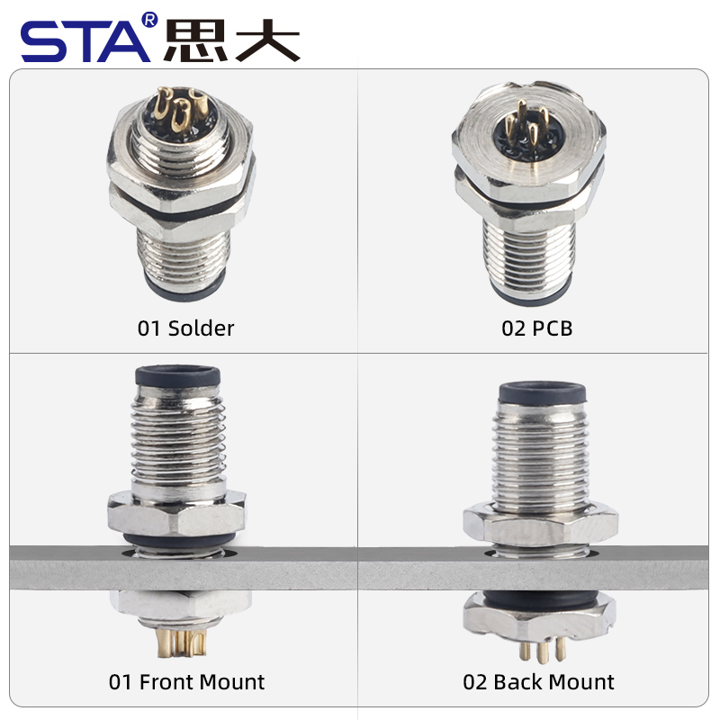 Влагозащищённый разъём M5 для монтажа на плату, 3/4 контакта, фронтальное и тыльное исполнение